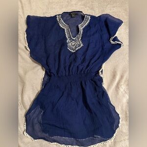 Cejon Womens Size M Blue Embroidered Sheer Cover Up Swim Blouse